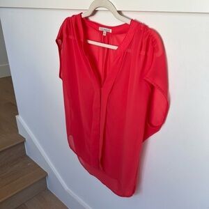 Red Haute Short Sleeve Sheer Blouse in Coral Beachy Summer Travel Work Top